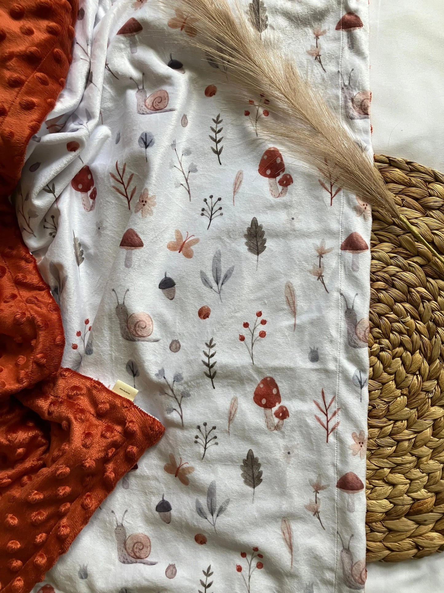 Couverture douce en minky - Champignons et escargots - Bébé bonheur