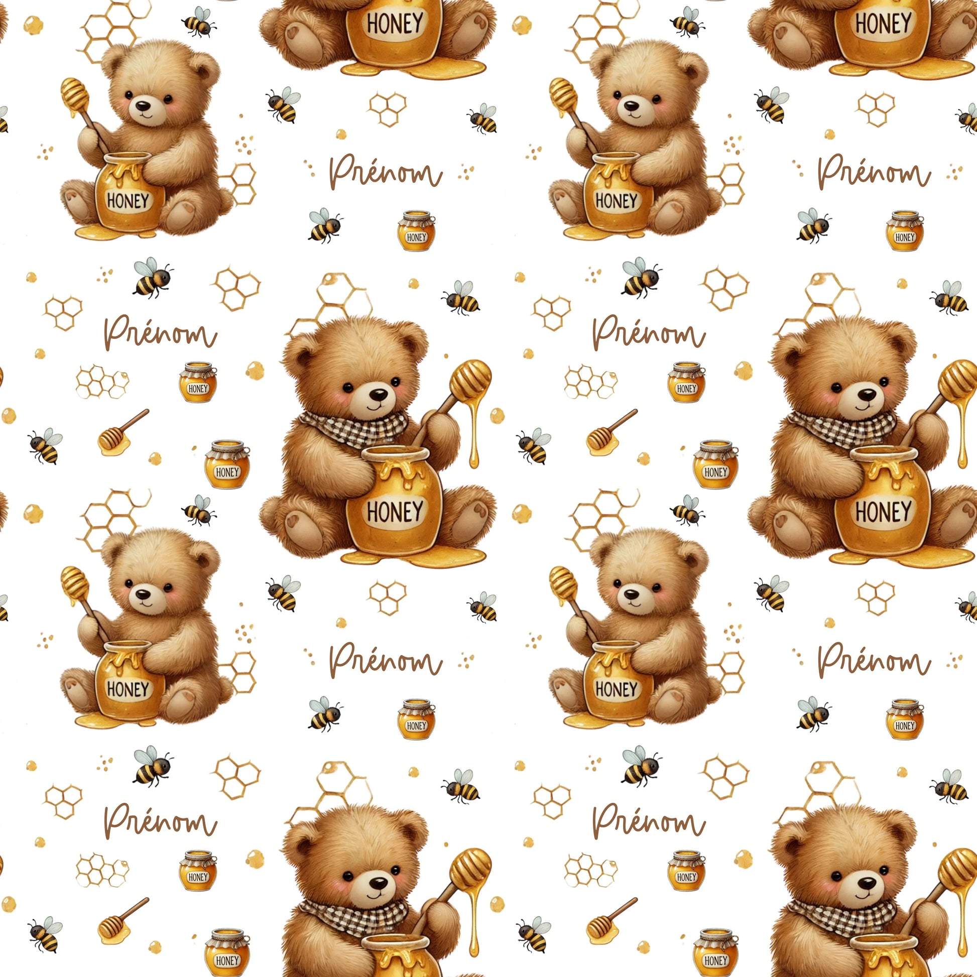 Couverture douce en squish personnalisée - Oursons et miel - Bébé bonheur